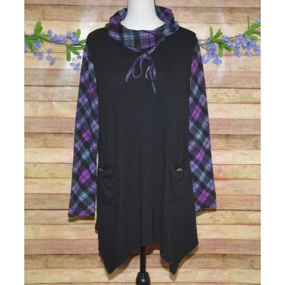 Bulotus Black & Purple Plaid Tie Up Cowl Neck Thin Knit Shirt Top Size XL Tunic - Picture 1 of 9